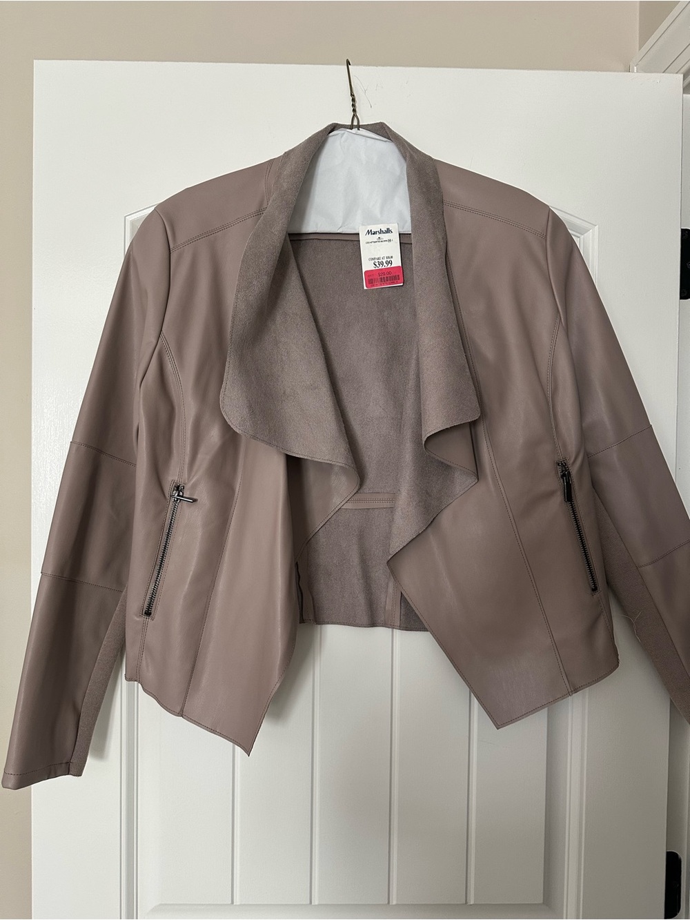 bagatelle Mauve-Taupe Draped Faux Leather Bomber Jacket